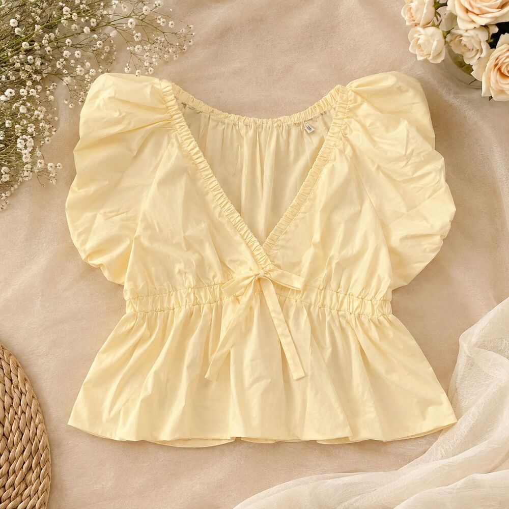 Women's 2XL Light Yellow Puff Sleeve Peplum Blouse V-Neck Tie Front Top